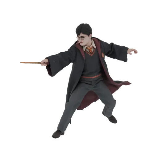 3D model of Harry Potter in his Hogwarts uniform, wearing glasses, holding a wand, and casting a spell.