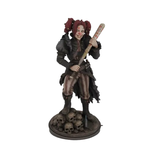3D model of a gothic clown with red pigtails, sinister grin, and a blood-stained baseball bat, standing on a pile of skulls.