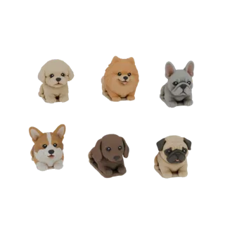 A 3D render showcasing a set of six adorable puppy figurines, including a Corgi, Pug, French Bulldog, Pomeranian, Labrador, a