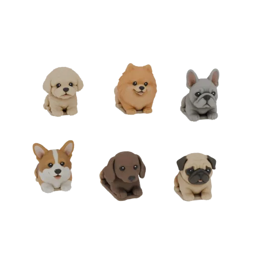 A 3D render showcasing a set of six adorable puppy figurines, including a Corgi, Pug, French Bulldog, Pomeranian, Labrador, a