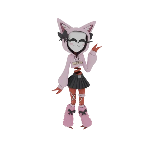 A 3D model of a kawaii character wearing a pink cat-ear hoodie, black pleated skirt, and fluffy leg warmers, with a white mas