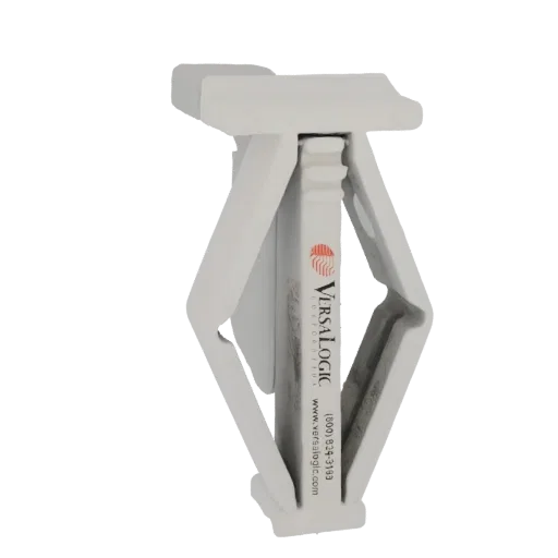 3D render of a white plastic clip holding a cylindrical VersaLogic component with branding visible