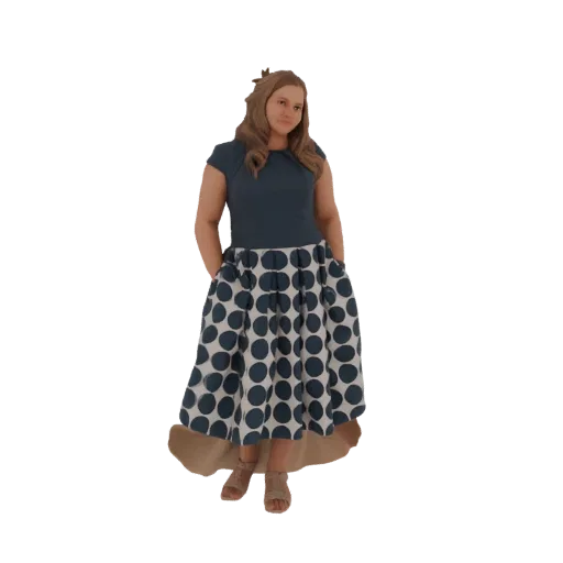 3D model of a woman wearing a navy blue top and a full navy and white polka dot skirt, standing with hands in pockets.