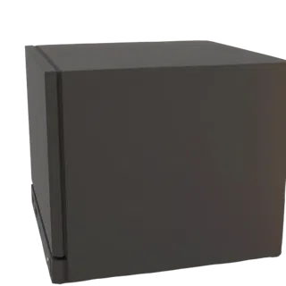 3D model of a modern, dark gray mini fridge with a sleek, minimalist design, shown from a slight angle.