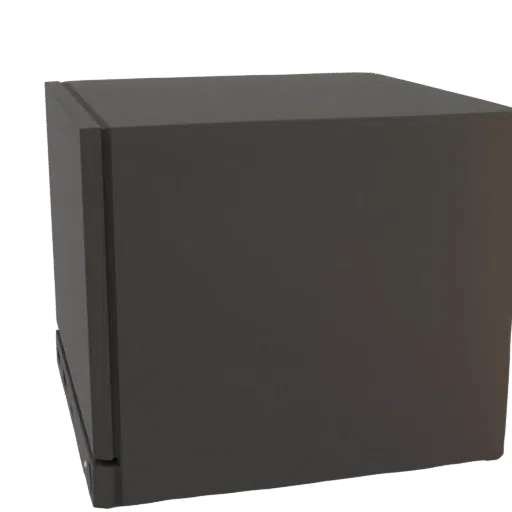 3D model of a modern, dark gray mini fridge with a sleek, minimalist design, shown from a slight angle.