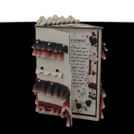 3D model of an ornate decorative box with ruffled black and red trim, heart accents, and handwritten script.