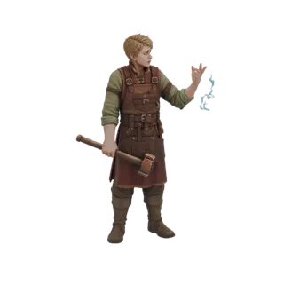 3D model of a young blacksmith holding a hammer, with a blue magical spark in his raised hand, wearing a leather apron.