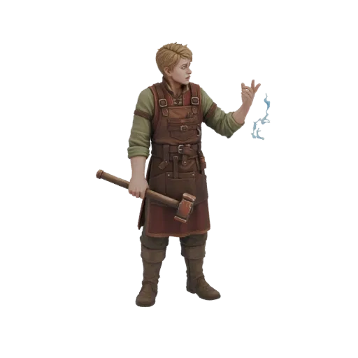 3D model of a young blacksmith holding a hammer, with a blue magical spark in his raised hand, wearing a leather apron.