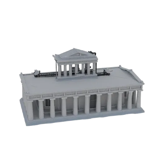 3D model of the Parthenon, a classical Greek temple with Doric columns and a triangular pediment, rendered in a neutral gray