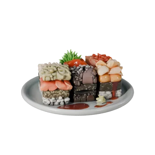 Restaurant Sushi Set Realistic 3D model, three-quarter studio render, showing sauces, plated composition.