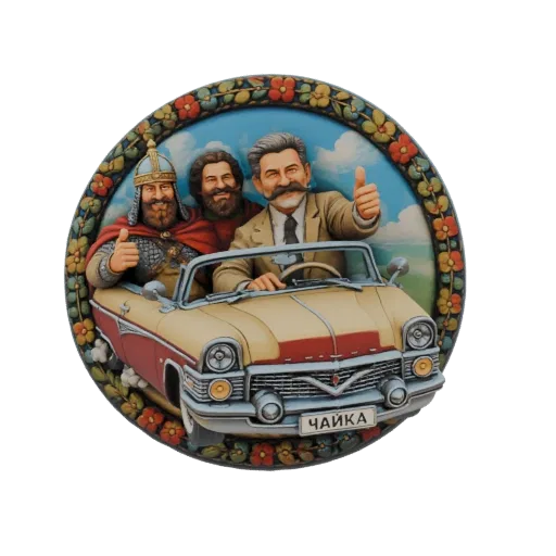 3D model of a vintage yellow and red Chaika car with three men, one in armor, giving thumbs up.