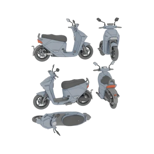 A 3D model of a light blue electric scooter shown from multiple angles: side, front, rear, and top views, against a black bac