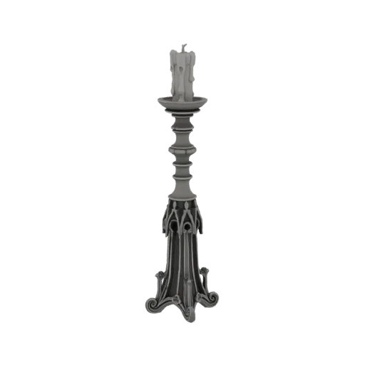 Modelo 3D de un candelabro gótico alto y gris oscuro con una vela derritiéndose en la parte superior, sobre un fondo blanco.