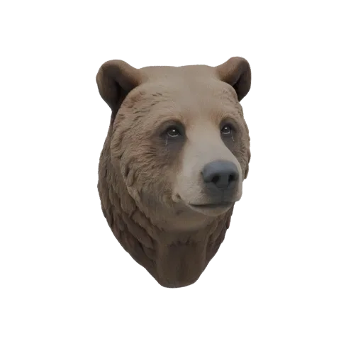 3D model of a brown bear's head with detailed fur texture and a slightly sad expression, facing forward.