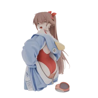 3D model of Asuka Langley Soryu in a red swimsuit and blue hoodie, with her hair in a ponytail and a playful expression.