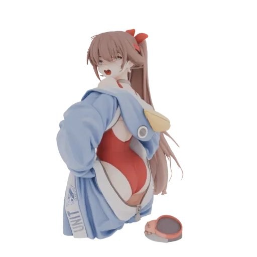 Modèle 3D d'Asuka Langley Soryu en maillot de bain rouge et hoodie bleu, avec ses cheveux en queue de cheval et une expressio