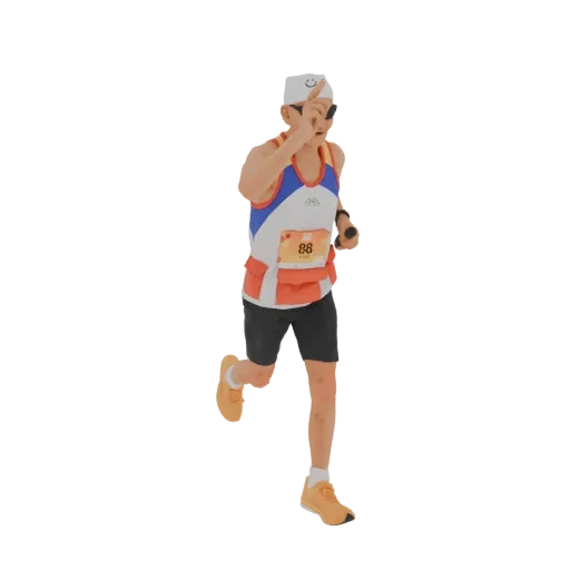 3D model of a male runner in mid-stride, wearing sunglasses and a bib with the number 88.