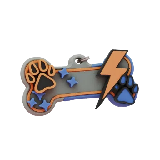 Rendu 3D d'un pendentif pour animal de compagnie en forme d'os avec un éclair orange et des empreintes de pattes bleues, sur