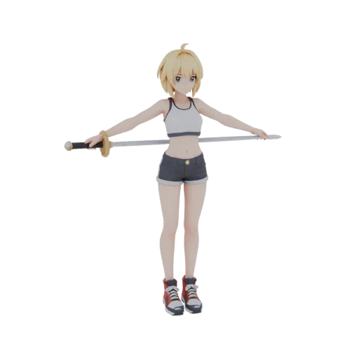 Render 3D de chica anime rubia en T-pose, con top blanco, shorts y zapatillas, junto a una espada.