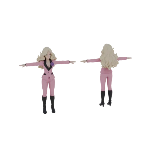 3D model of an anime girl with blonde hair, wearing a pink suit and black boots, shown from front and back views.