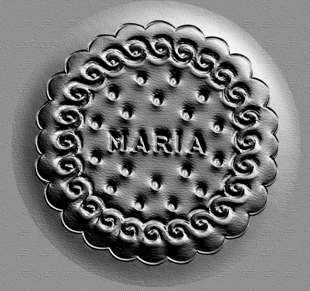 3D model of "Maria" cookie bas-relief with edge pattern, in engraving style.