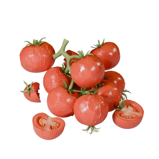 Chopped Tomato Cluster Stylized 3D model, stylized isometric render, showing leaf veins, clear vegetable silhouettes.