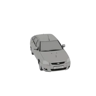 Modelo 3D de um Lada Priora hatchback prateado visto de um ângulo frontal de três quartos contra um fundo branco.