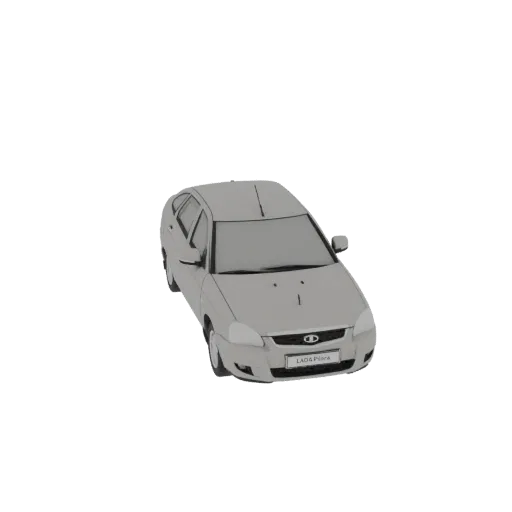 Modelo 3D de un Lada Priora hatchback plateado visto desde un ángulo frontal de tres cuartos sobre un fondo blanco.
