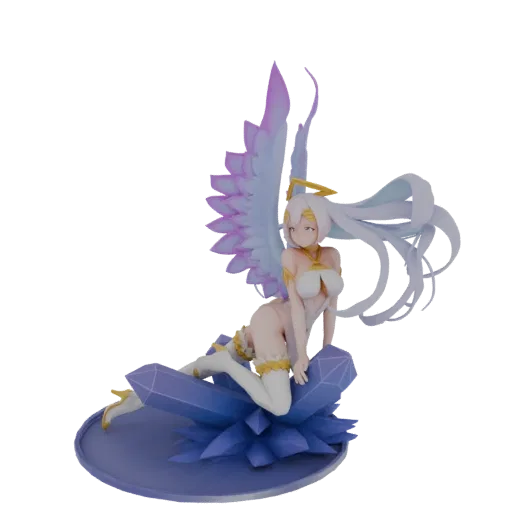 3D model of a white-haired angelic figure with purple-tipped wings, kneeling on a blue crystal base.