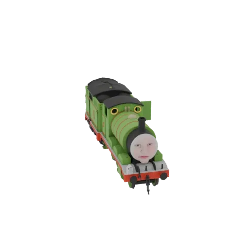 3D model of Percy the Train from Thomas the Tank Engine with a realistic human face on its front, set against a white backgro