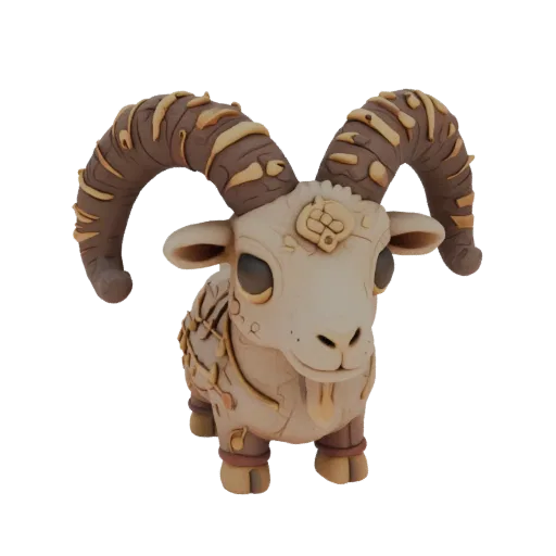 3D model of a stylized clay goat figurine with large twisted horns and expressive eyes.