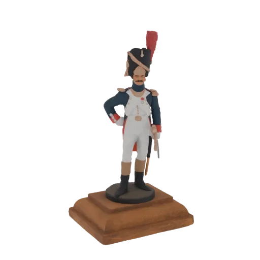 3D model of a French Imperial Guard Grenadier in uniform, standing on a wooden base, with a red plume on his bicorne hat.