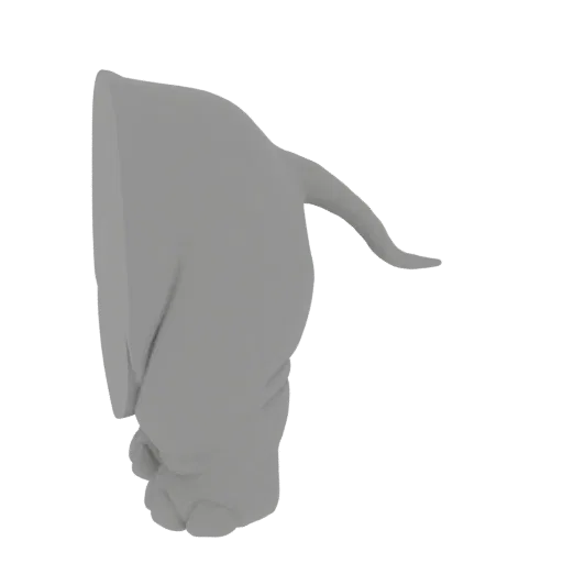 A 3D render of a stylized gray elephant with a smooth, simplified form, viewed from the side.