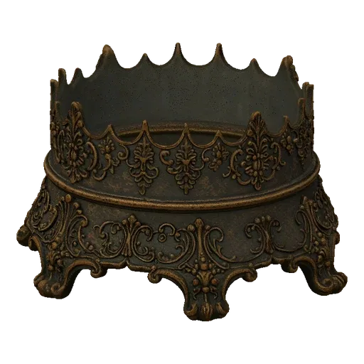 A detailed 3D model of an ornate, crown-shaped decorative stand with intricate scrollwork and an antique bronze finish, prese