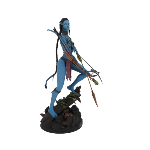3D model of Neytiri from Avatar, a blue-skinned warrior with a bow and arrow, in a dynamic pose on a natural base.