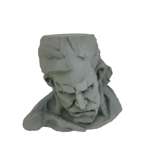 3D model of a distressed abstract sculpture of a human head, with rough textures and angular features, viewed from the front.