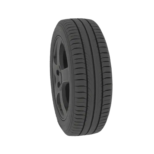 A 3D model of a car tire with a detailed tread pattern and a dark grey rim, presented on a black background.