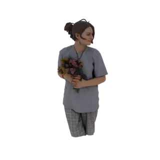 Modello 3D di una giovane donna con capelli castani raccolti in uno chignon, indossa una maglietta blu e pantaloni a quadri,