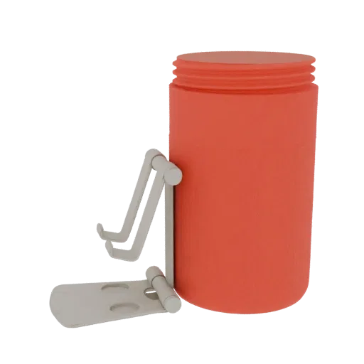 3D render of an orange cylindrical jar with a light gray foldable phone stand attached to its side.