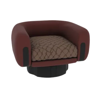 3D model of a modern swivel armchair with burgundy upholstery and a quilted brown seat cushion, set against a white backgroun