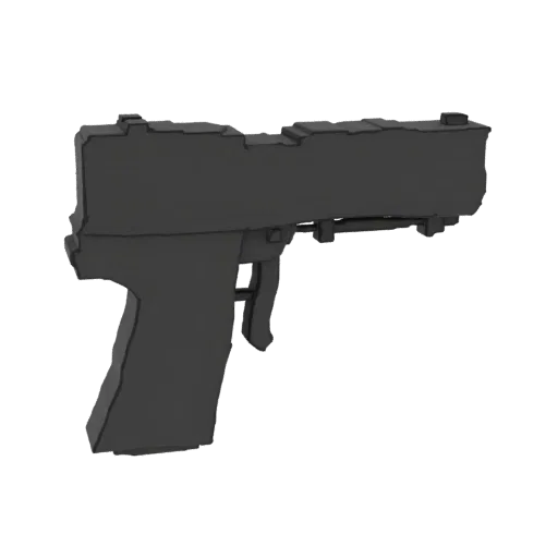 Modello 3D grigio scuro di una pistola semiautomatica, visto da una leggera angolazione.