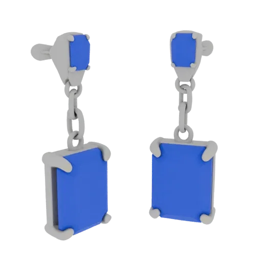 Sapphire Earrings render detail 3D model, studio profile shot, highlighting earring form and finish detail.