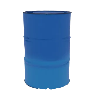 Un modelo 3D realista de un barril industrial azul, de pie sobre un fondo blanco.