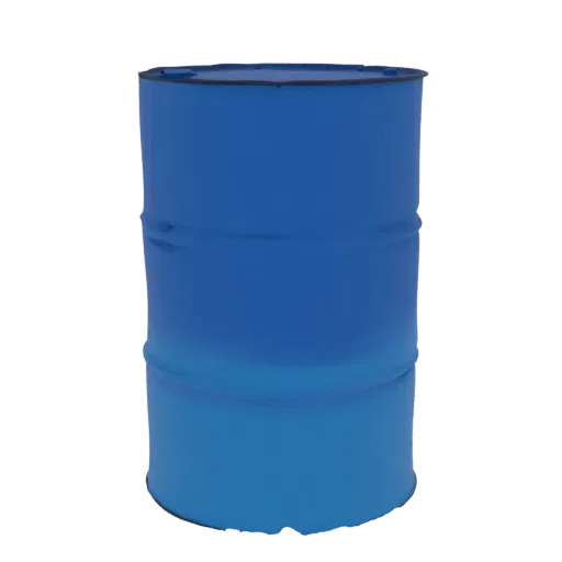 Ein realistisches 3D-Modell eines blauen Industriefasses, aufrecht vor einem weißen Hintergrund stehend.