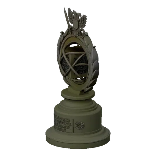 3D model of a golden trophy featuring a double-headed eagle, laurel wreaths, and a QR code on a pedestal, set against a neutr