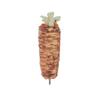 Modèle 3D d'une pile verticale de viande de shawarma avec garniture de laitue et tomate, isolé sur fond noir.