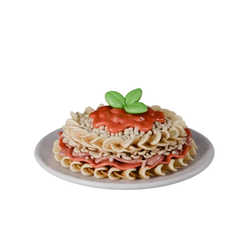 Modello 3D "Gourmet Pasta Plate" per visualizzazioni di prodotto, rendering studio a tre quarti, che mostra salse, composizio