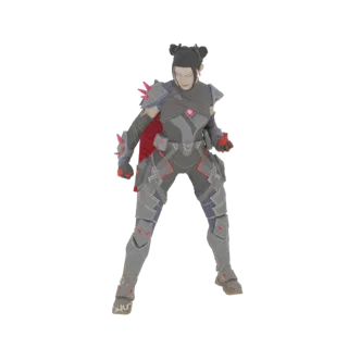 3D model of a female cyberpunk warrior in a grey and red suit with a red cape, standing in a dynamic pose.