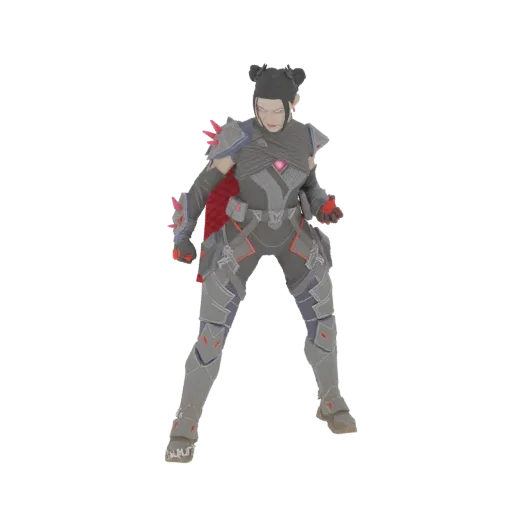Modelo 3D de uma guerreira cyberpunk feminina em traje cinza e vermelho com capa vermelha, em pose dinâmica.