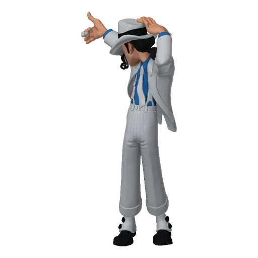 3D model of Michael Jackson in his iconic Thriller dance pose, wearing a white suit and fedora.